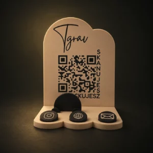 Stand NFC z kodem QR i ikonami social media