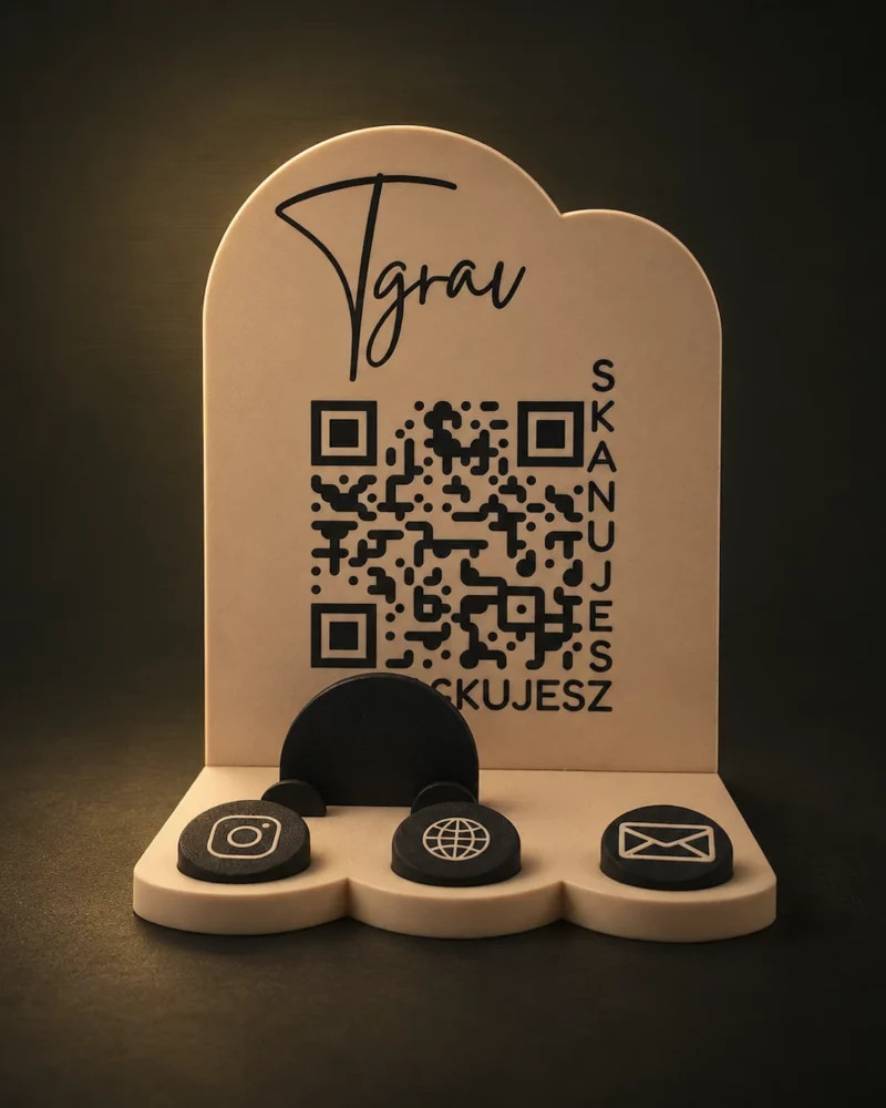 Personalizowany stand z kodem QR i ikonami social media - tgrav